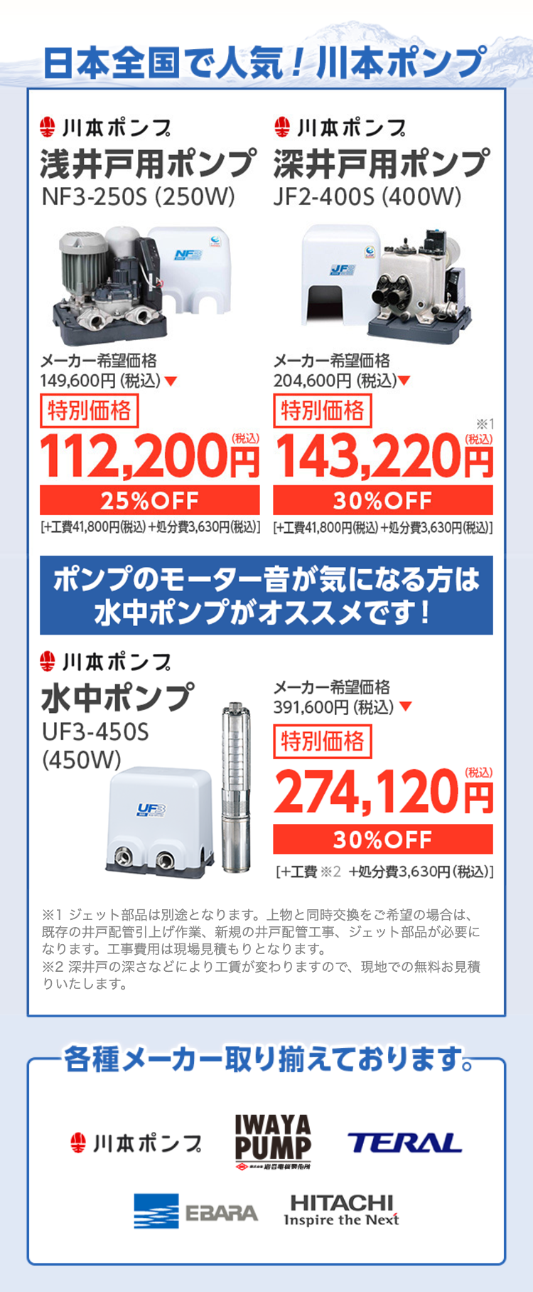 日本全国で人気!川本ポンプ
川本ポンプ
川本ポンプ
浅井戸用ポンプ 深井戸用ポンプ
NF3-250S (250W)
JF2-400S (400W)
NF
JF
メーカー希望価格
149,600円 (税込) ▼
特別価格
メーカー希望価格
204,600円 (税込) ▼
特別価格
*1
112,200円 143,220円
25%OFF
30% OFF
[+工費41,800円(税込) +処分費3,630円(税込)] [+工費41,800円(税込) +処分費3,630円(税込)]
ポンプのモーター音が気になる方は
水中ポンプがオススメです!
川本ポンプ
水中ポンプ
UF3-450S
(450W)
UF3
メーカー希望価格
391,600円 (税込)
特別価格
274,120円
30%OFF
[+工費 ※2 +処分費3,630円 (税込)]
※1 ジェット部品は別途となります。 上物と同時交換をご希望の場合は、
既存の井戸配管引上げ作業、 新規の井戸配管工事、 ジェット部品が必要に
なります。 工事費用は現場見積もりとなります。
※2 深井戸の深さなどにより工賃が変わりますので、 現地での無料お見積
りいたします。
各種メーカー取り揃えております。
IWAYA
川本ポンプ
PUMP
TERAL
HITACHI
EBARA
Inspire the Next